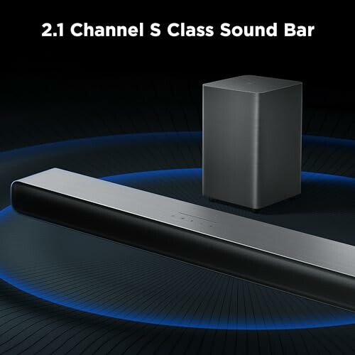 2.1 channel sound bar and subwoofer on dark background