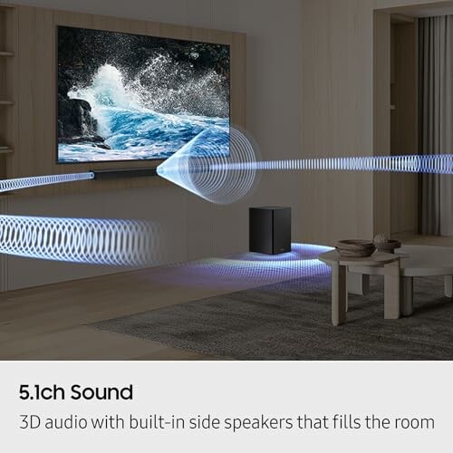5.1ch sound system with 3D audio and side speakers in a room