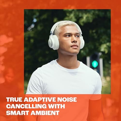 Person wearing headphones with text about noise cancelling features.