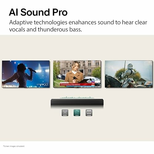 AI Sound Pro with adaptive technologies for clear vocals and bass, showing a singer, news report, and knight on screen.