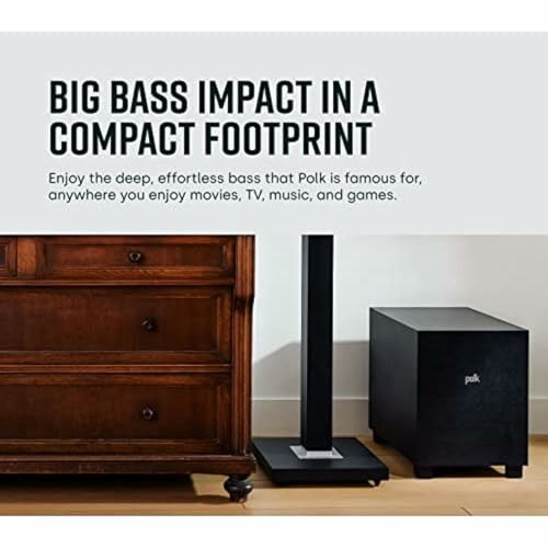 Subwoofer and speaker setup with text about big bass impact.