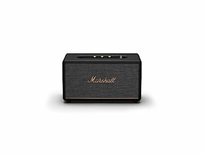 Black Marshall Bluetooth speaker with control knobs.