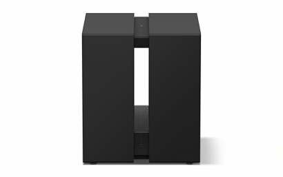 Black modern subwoofer with a sleek design.