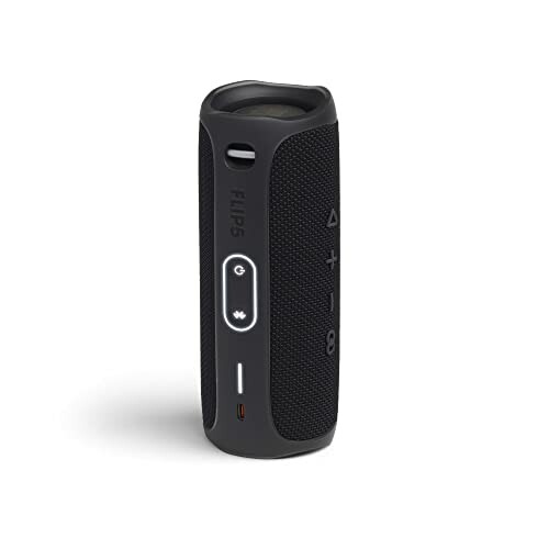 Black portable Bluetooth speaker with control buttons.