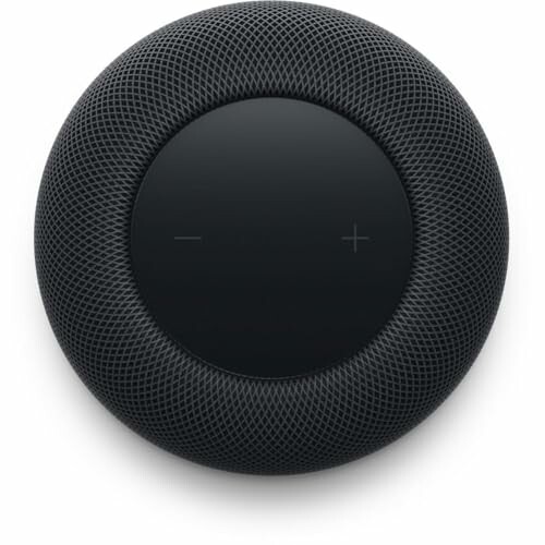 Top view of a black smart speaker with mesh design and colorful top