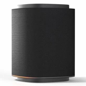 Black smart speaker with fabric cover