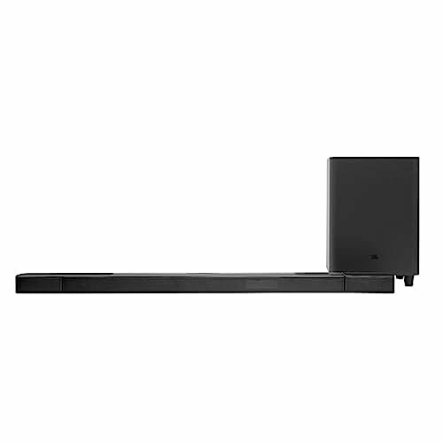 Black soundbar and subwoofer set.