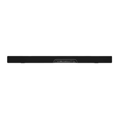 Front view of a black soundbar with control panel