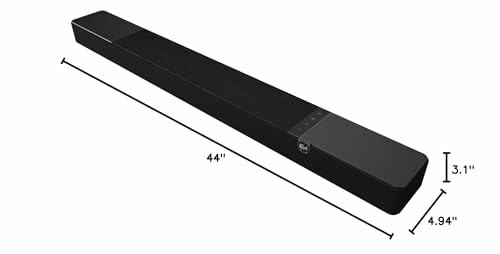 Black soundbar with dimensions 44 by 4.94 by 3.1 inches