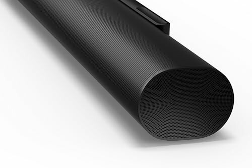 Close-up of a black soundbar speaker on a white background.