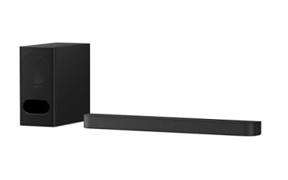 Black soundbar and subwoofer set on white background.
