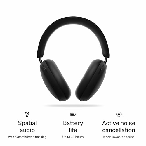 Black wireless headphones with spatial audio and active noise cancellation features.