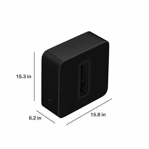 Black wireless speaker with subwoofer, dimensions 15.3 x 15.8 x 6.2 inches