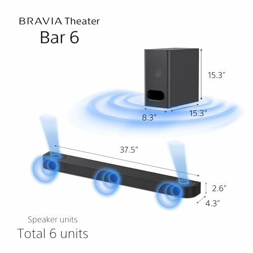 Bravia Theater Bar 6 speaker system with dimensions.