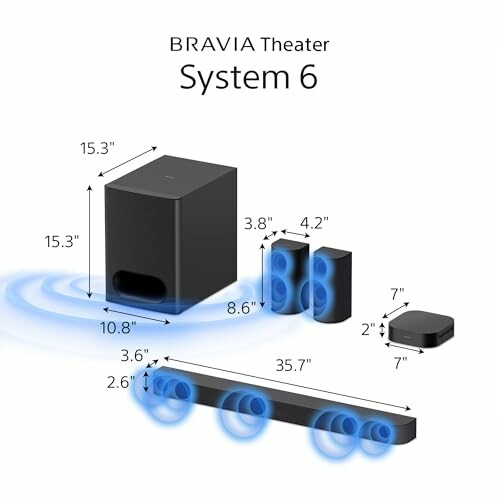 Bravia Theater System 6 with speaker dimensions and sound waves.