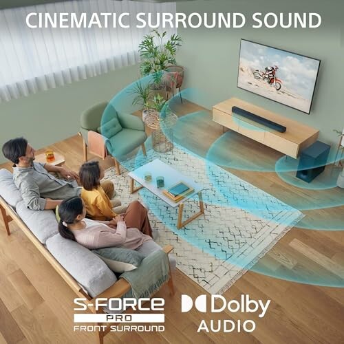 Family enjoying cinematic surround sound in living room with Dolby Audio.