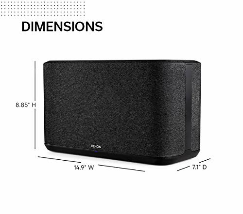 Denon wireless speaker with dimensions 8.85 inches height, 14.9 inches width, 7.1 inches depth.