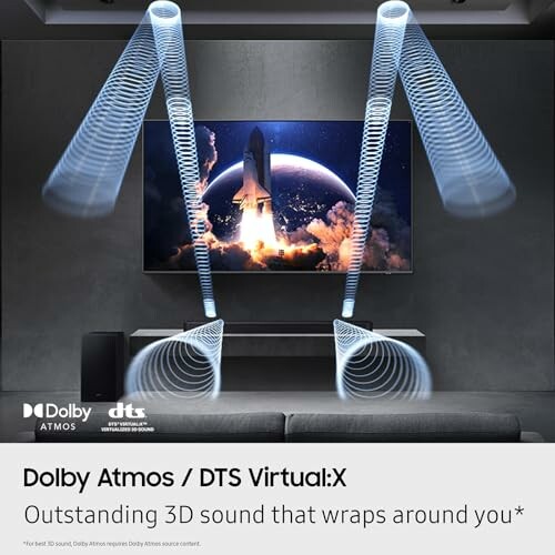 Dolby Atmos and DTS Virtual:X sound system with 3D sound visualization.