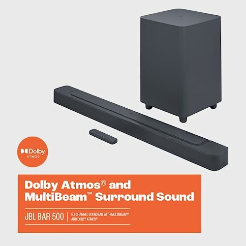 Dolby Atmos and MultiBeam soundbar with subwoofer and remote.