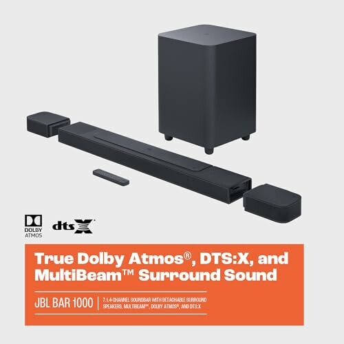 JBL Bar 1000 soundbar with subwoofer and speakers featuring Dolby Atmos and DTS:X