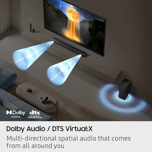 Illustration of Dolby Audio and DTS Virtual:X with sound waves in a living room setup.