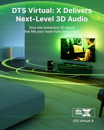 Promotional poster for DTS Virtual: X showcasing a living room with immersive 3D audio effects.