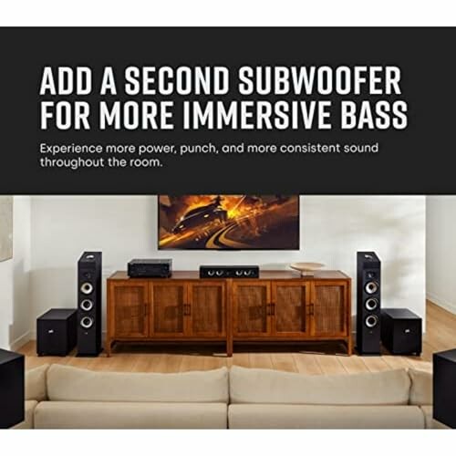 Living room with dual subwoofer setup for immersive bass.
