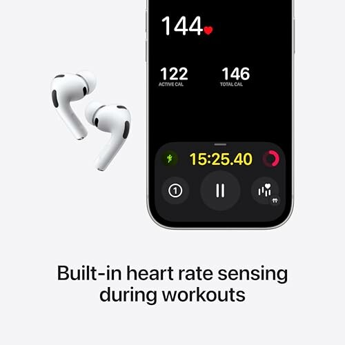 Earbuds and smartphone displaying heart rate during workout.