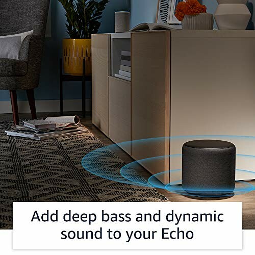 Echo Sub speaker on living room floor enhancing sound quality.