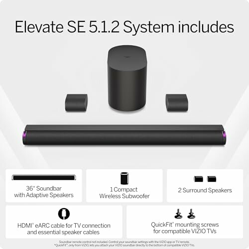 VIZIO Elevate SE 5.1.2 sound system with soundbar, subwoofer, and speakers.