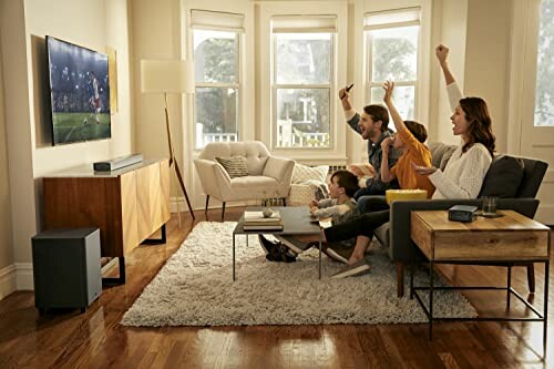 Family watching TV and cheering in a cozy living room.