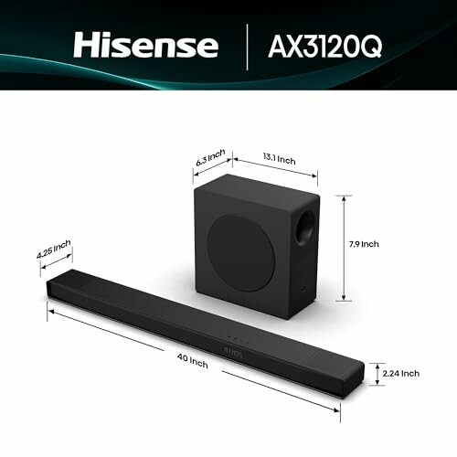 Hisense AX3120Q soundbar and subwoofer with dimensions.