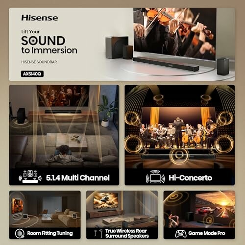 Hisense soundbar advertisement highlighting features like 5.1.4 multi-channel, hi-concerto, room fitting tuning, wireless rear surround speakers, and game mode pro.