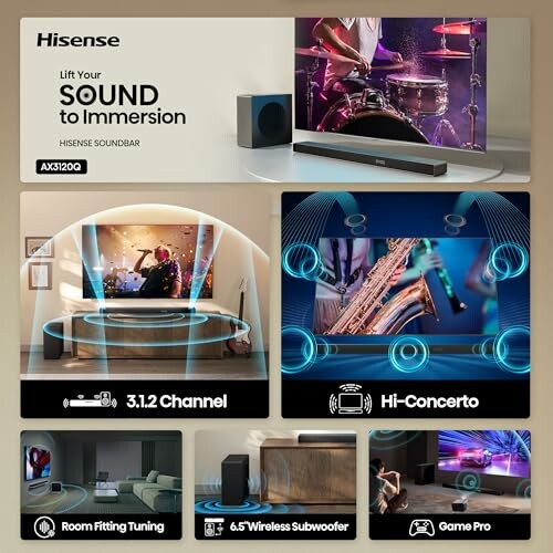 Hisense soundbar with features like 3.1.2 channel, Hi-Concerto, room fitting tuning, 6.5 inch wireless subwoofer, and Game Pro.