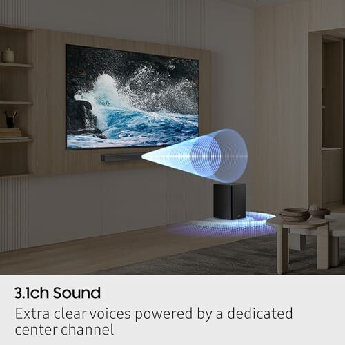 Living room with a large TV and sound system, highlighting 3.1ch sound.