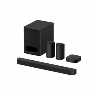 Black home theater speaker system with subwoofer, soundbar, and wireless speakers.