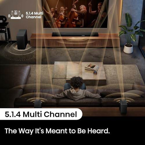 Person sitting on a sofa enjoying a 5.1.4 multi-channel surround sound system.