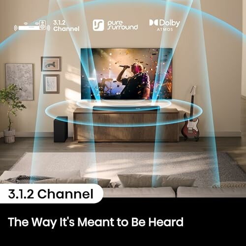 Living room with TV, surround sound, and music visuals.