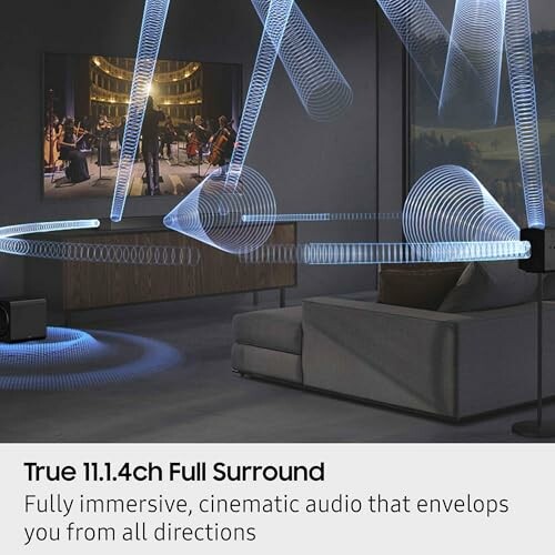 Room with a surround sound system and blue sound waves illustration.