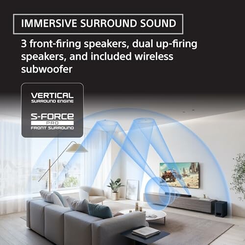 Living room with immersive surround sound system and speakers.