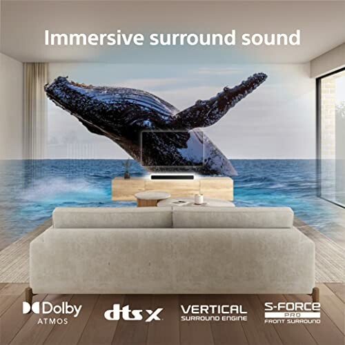 Whale emerging from ocean on TV with immersive surround sound text