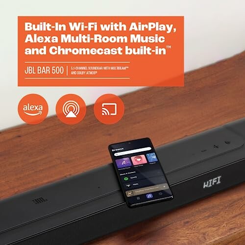 JBL Bar 500 soundbar with Wi-Fi, AirPlay, Alexa, and Chromecast features.