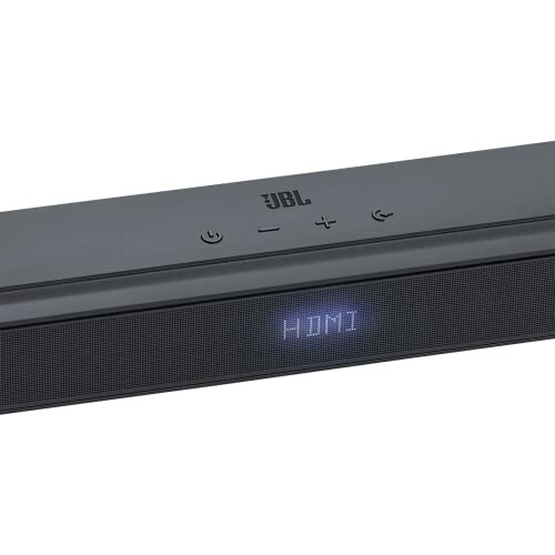 Close-up of a JBL soundbar with HDMI display.