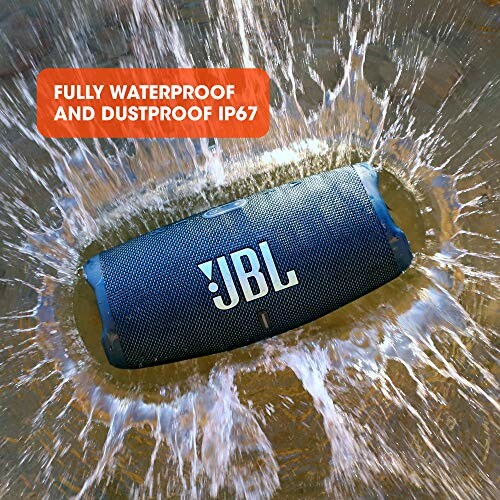 JBL speaker in water showcasing waterproof and dustproof IP67 feature.