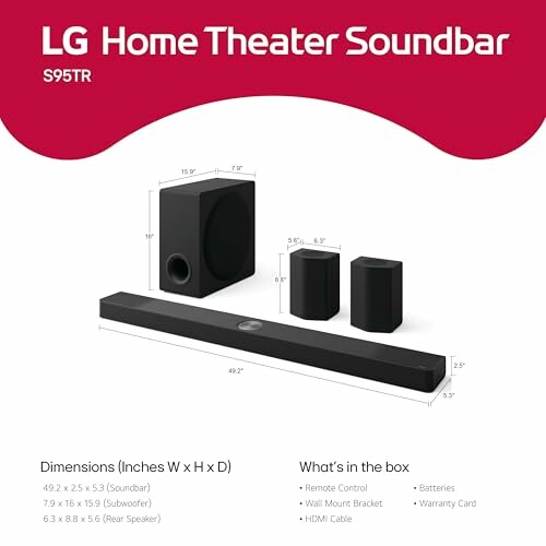 LG Home Theater Soundbar S95TR with dimensions and box contents.