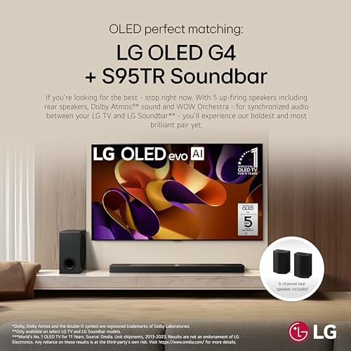 LG OLED G4 and S95TR Soundbar promotion featuring a TV with colorful display and soundbar with speakers.