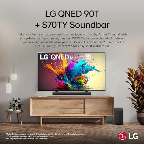 LG QNED 90T TV with S70TY Soundbar in living room setting.