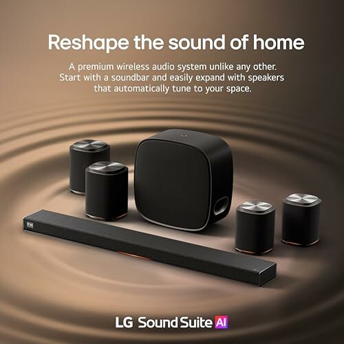 LG Sound Suite AI wireless audio system with soundbar and speakers.