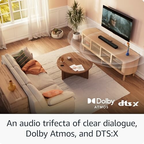 Living room with audio system featuring Dolby Atmos and DTS:X.