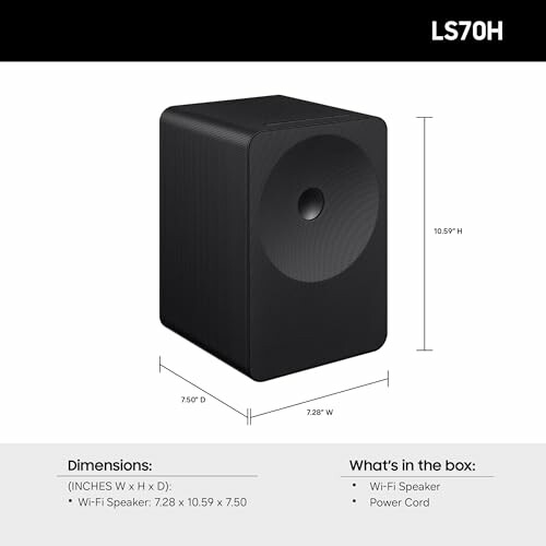 LS70H Wi-Fi speaker with dimensions and box contents